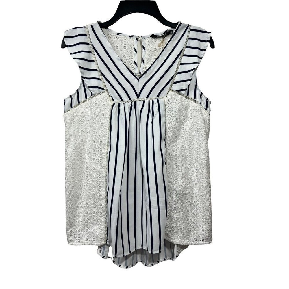 Doe & Rae High Low Sleeveless Top Crochet Lace Blue White Striped Size Small NWT